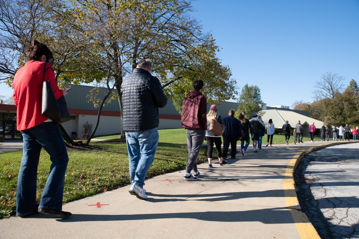 A long line of voters on Election Day 2020 in Rocky River, Ohio.